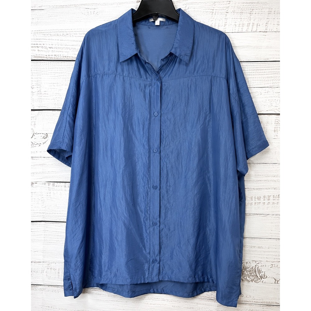 Chic Soul Womens 3X Blue Tencel Short Sleeve Button Down Shirt Blouse